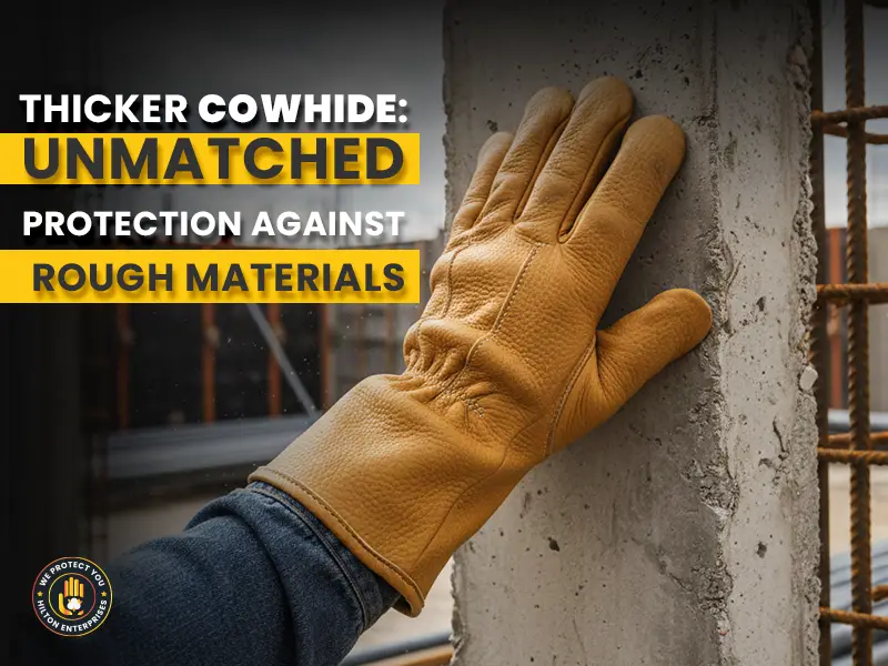 Worker wearing heavy duty cowhide leather work gloves gripping rough steel rebar on construction site demonstrating superior abrasion resistance and puncture protection