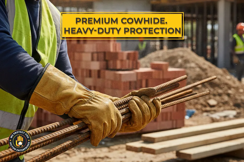 Construction worker wearing durable cowhide leather work gloves handling rough steel rebar on construction site demonstrating abrasion and puncture protection