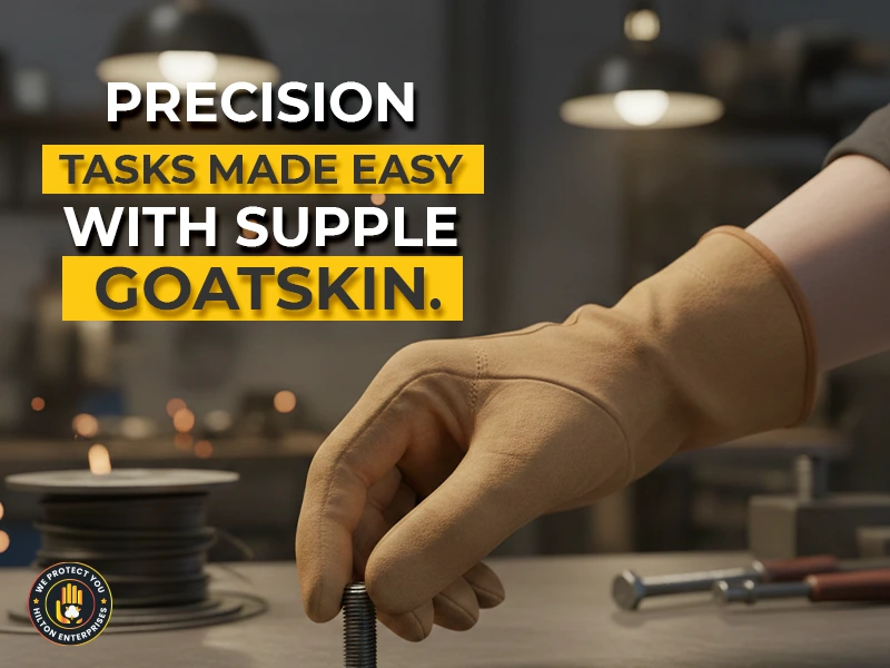 Worker wearing goatskin leather work gloves picking up small metal component demonstrating superior flexibility and tactile dexterity in precision work