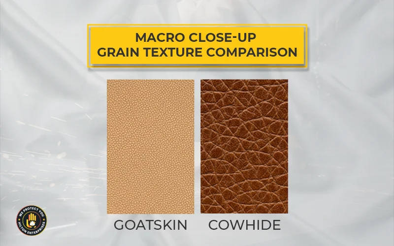 Macro close-up comparing goatskin fine leather grain texture versus cowhide coarser grain texture showing tighter pore structure of goatskin