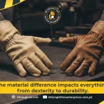 Side by side comparison of goatskin vs cowhide work gloves on industrial steel surface showing grain texture and thickness differences.