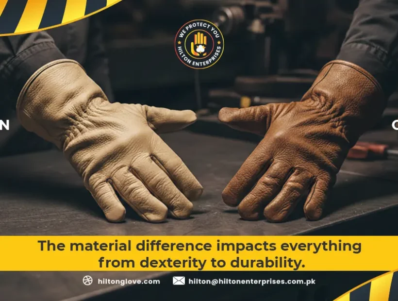 Side by side comparison of goatskin vs cowhide work gloves on industrial steel surface showing grain texture and thickness differences.