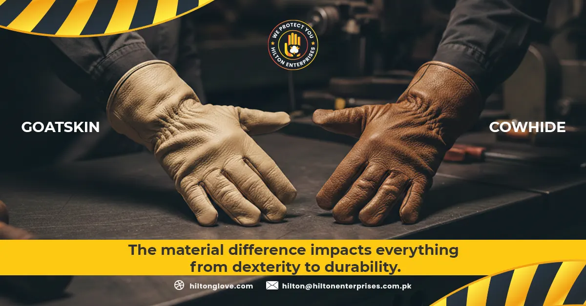 Side by side comparison of goatskin vs cowhide work gloves on industrial steel surface showing grain texture and thickness differences.