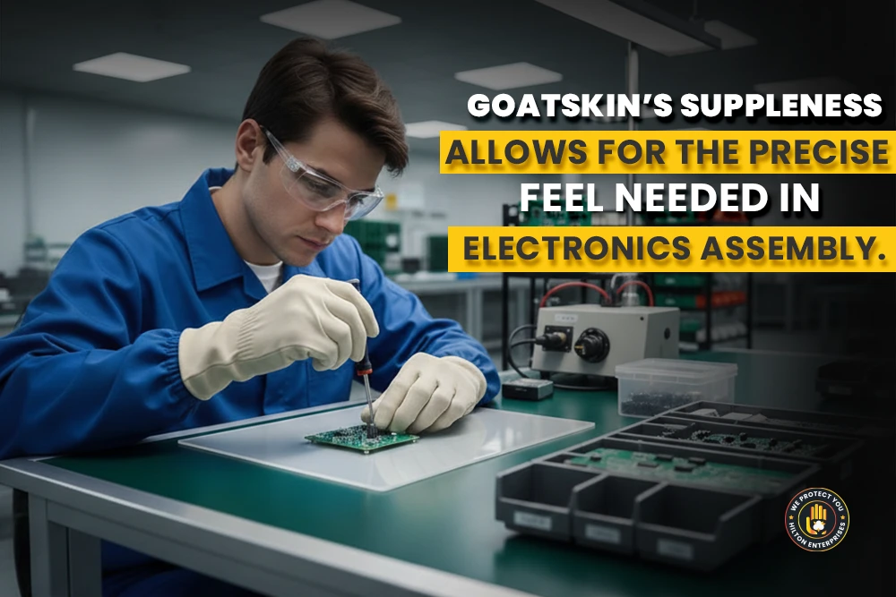 Factory worker wearing goatskin leather assembling gloves performing precision electronics assembly showing dexterity needed for delicate component handling