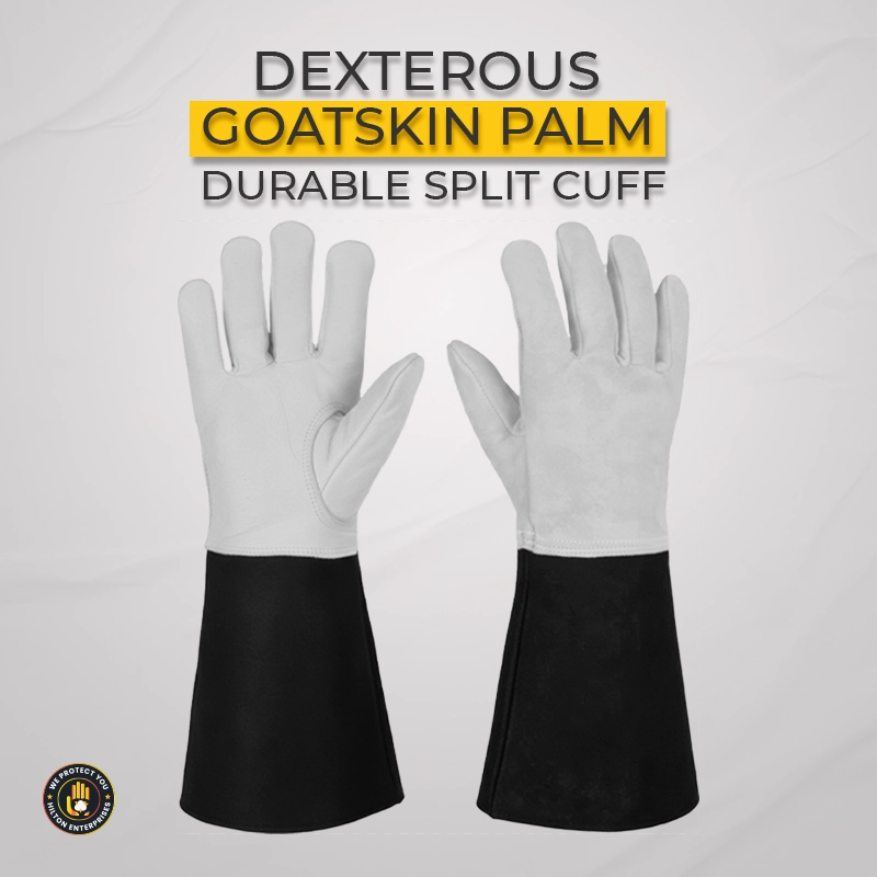 Hilton Glove TIG welding gloves showing premium grain goatskin palm construction protective split leather cuff and kevlar stitching for professional precision welders