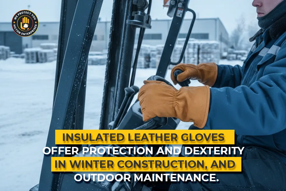 Worker wearing insulated leather work gloves performing tasks in cold storage warehouse showing warmth and dexterity maintained in below freezing temperatures