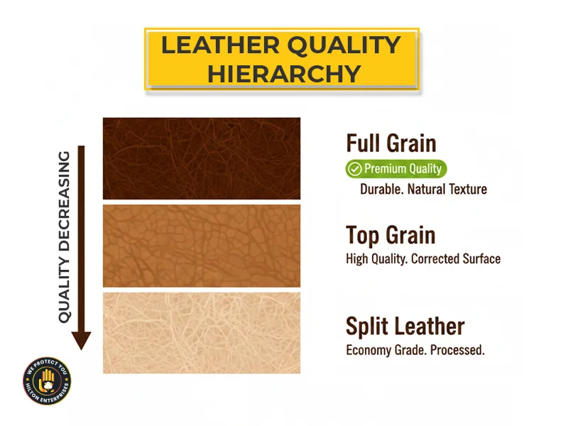 Infographic guide showing recommended leather work glove material goatskin or cowhide for eight different industries including TIG welding electronics assembly construction and warehouse