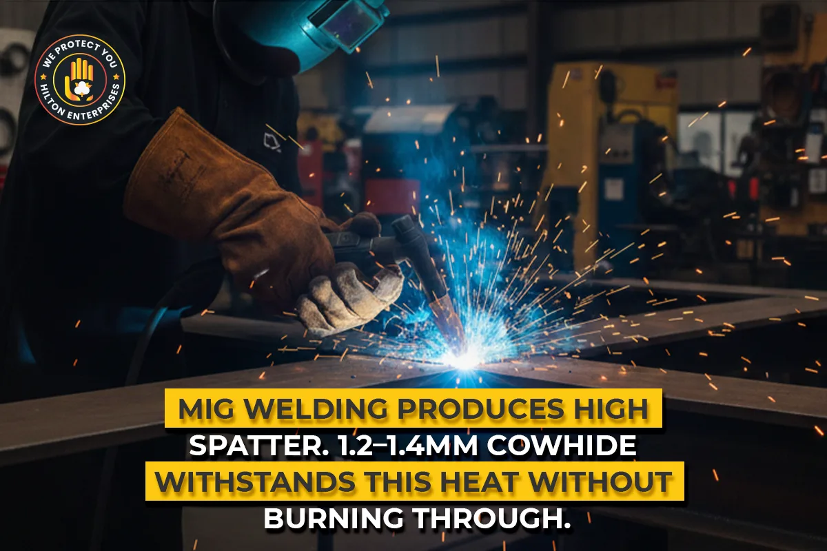 MIG welder using heavy duty cowhide leather welding gloves with visible metal spatter and sparks demonstrating superior heat and spatter protection required for MIG welding