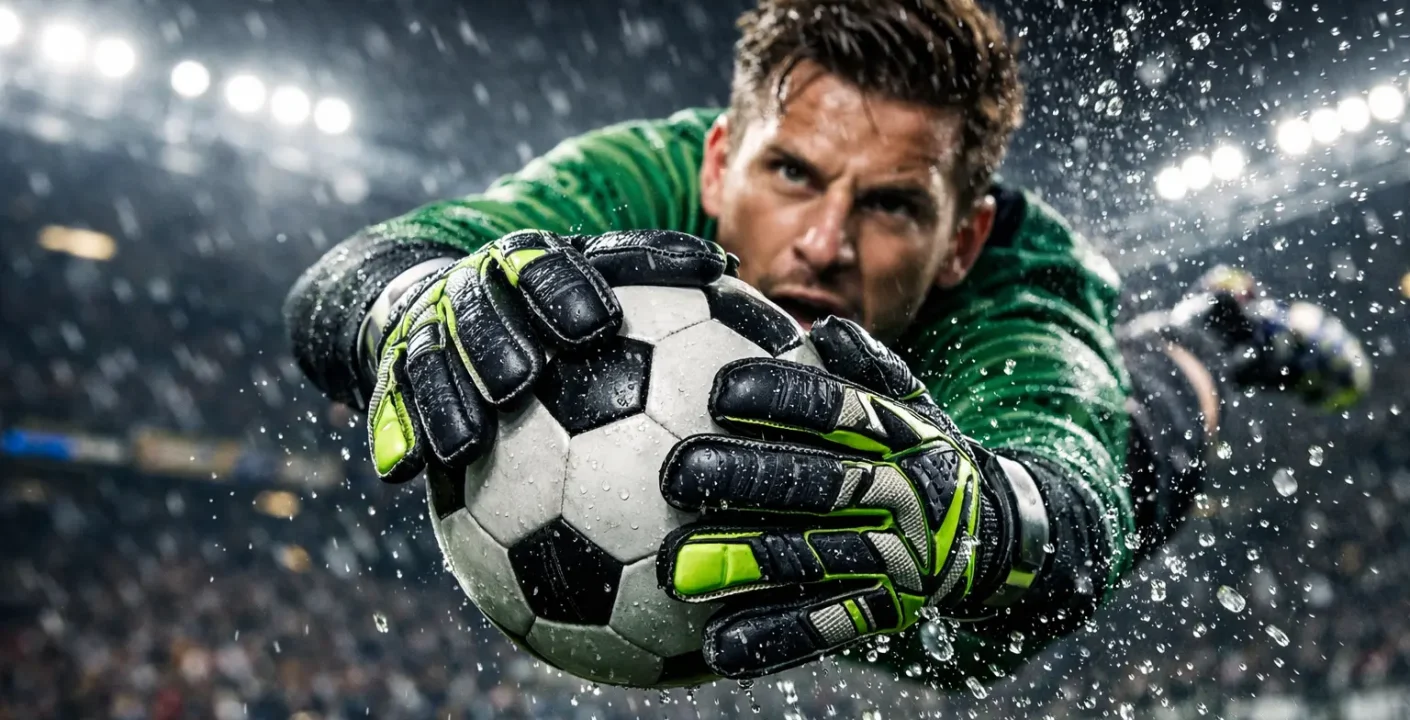 Professional goalkeeper making a diving save wearing the best goalkeeper gloves in 2026