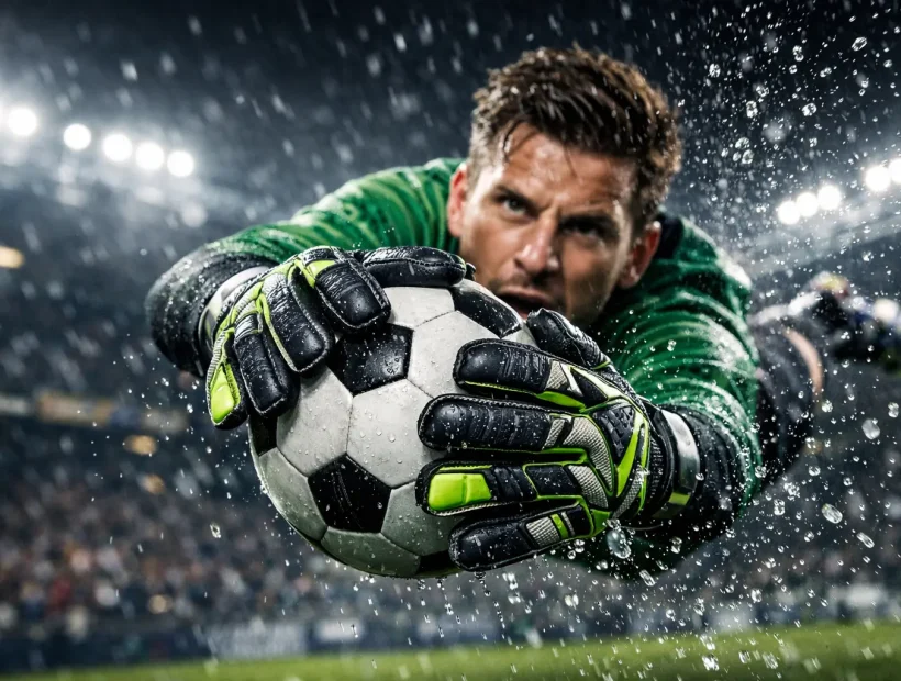 Professional goalkeeper making a diving save wearing the best goalkeeper gloves in 2026