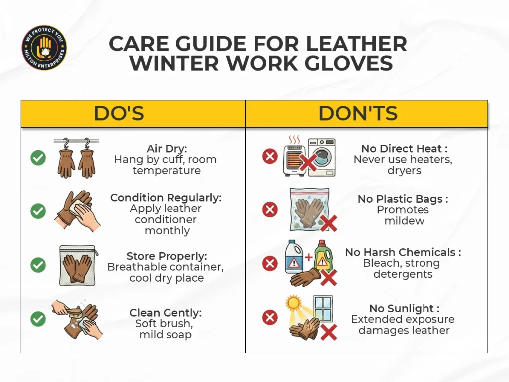 how to care for leather winter work gloves maintenance cleaning drying storage instructions