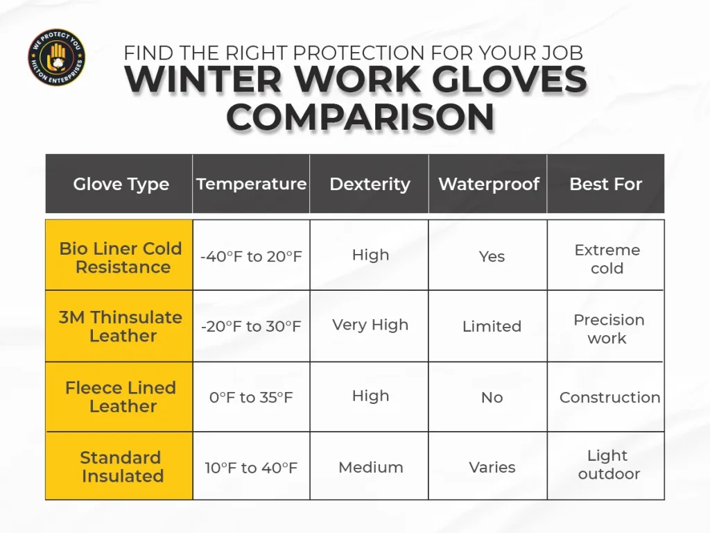 winter work gloves comparison chart insulated leather thinsulate fleece bio liner temperature rating
