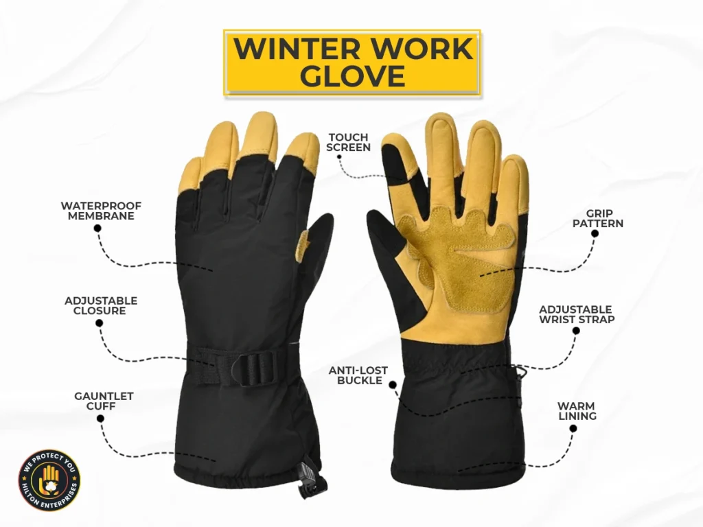 winter work gloves key features diagram cuff reinforcement grip insulation touchscreen