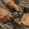 Close-up of premium full-grain goatskin leather work gloves being worn, showing exceptional flexibility and natural grip while handling tools. Lightweight goatskin develops a perfect second-skin fit over time, outperforming stiff cowhide and synthetic gloves.