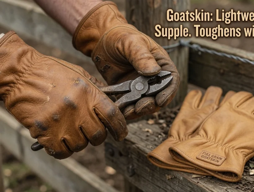 Close-up of premium full-grain goatskin leather work gloves being worn, showing exceptional flexibility and natural grip while handling tools. Lightweight goatskin develops a perfect second-skin fit over time, outperforming stiff cowhide and synthetic gloves.