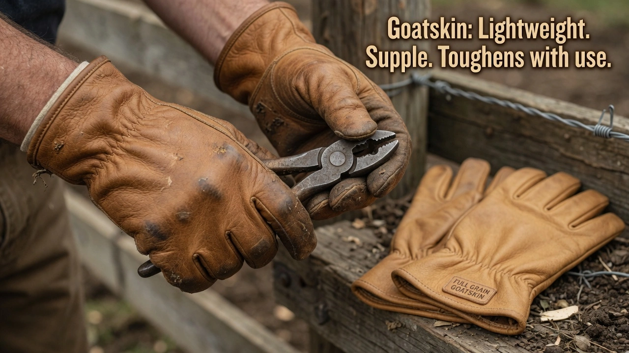 Close-up of premium full-grain goatskin leather work gloves being worn, showing exceptional flexibility and natural grip while handling tools. Lightweight goatskin develops a perfect second-skin fit over time, outperforming stiff cowhide and synthetic gloves.