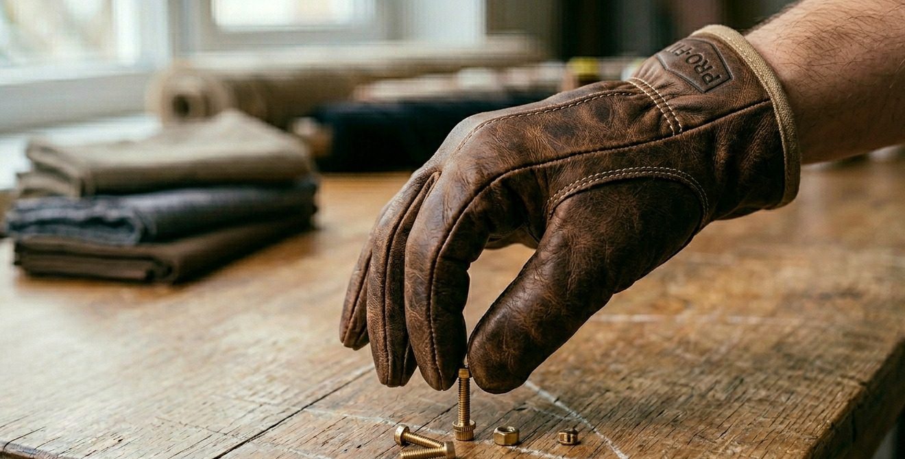 A close-up of a hand with a "properly fitting" glove showing full dexterity. Well-fitting leather glove showing flexibility and comfort.