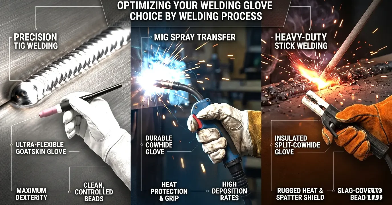 Infographic comparing TIG welding gloves (goatskin), MIG welding gloves (top-grain cowhide), and Stick welding gloves (split cowhide) by process and protection level.