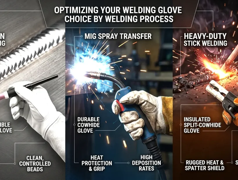 Infographic comparing TIG welding gloves (goatskin), MIG welding gloves (top-grain cowhide), and Stick welding gloves (split cowhide) by process and protection level.