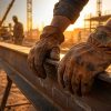 American construction worker wearing brown cowhide leather work gloves gripping a steel beam on a job site at golden hou