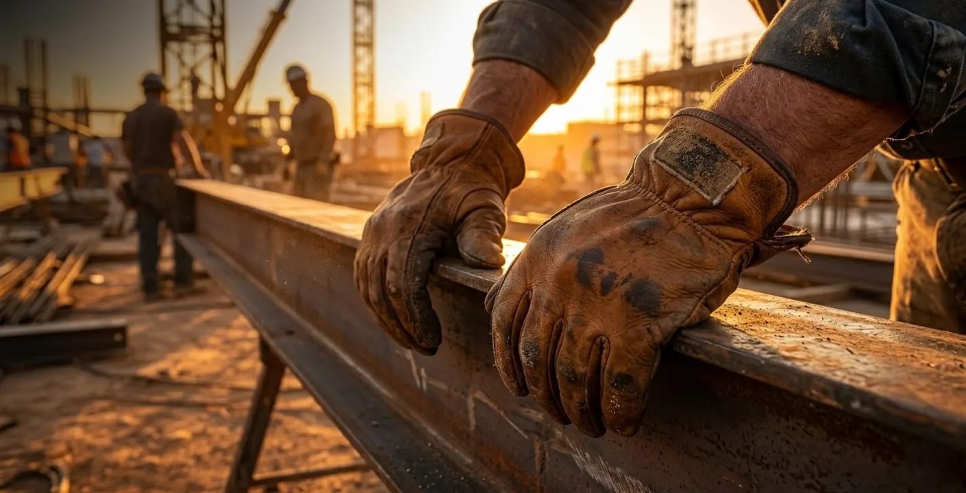 American construction worker wearing brown cowhide leather work gloves gripping a steel beam on a job site at golden hou