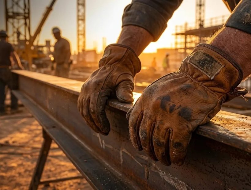 American construction worker wearing brown cowhide leather work gloves gripping a steel beam on a job site at golden hou