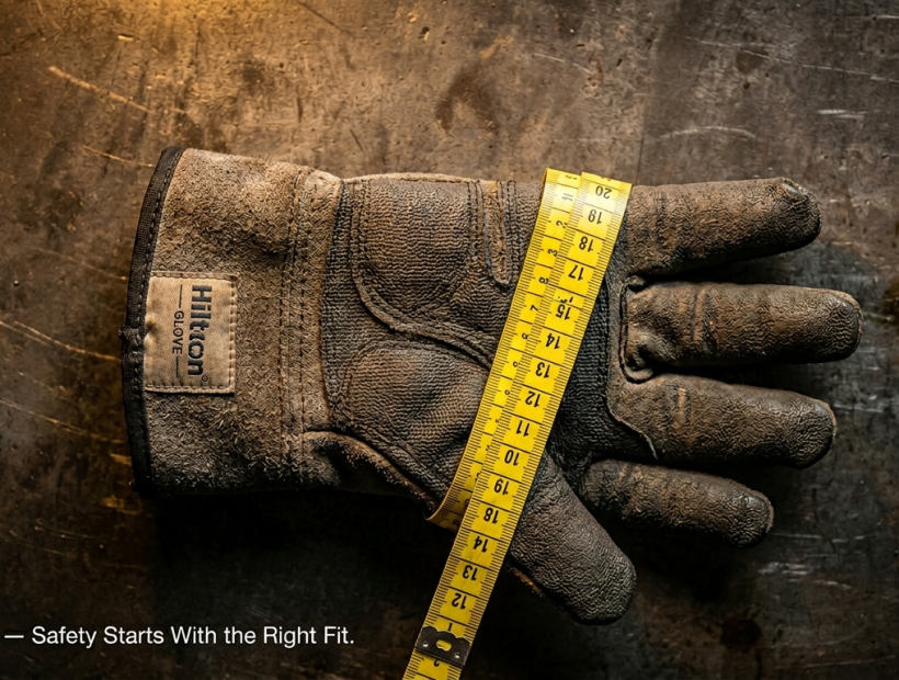 Industrial worker measuring hand circumference with a flexible tape measure to find the correct work glove size for safety and protection