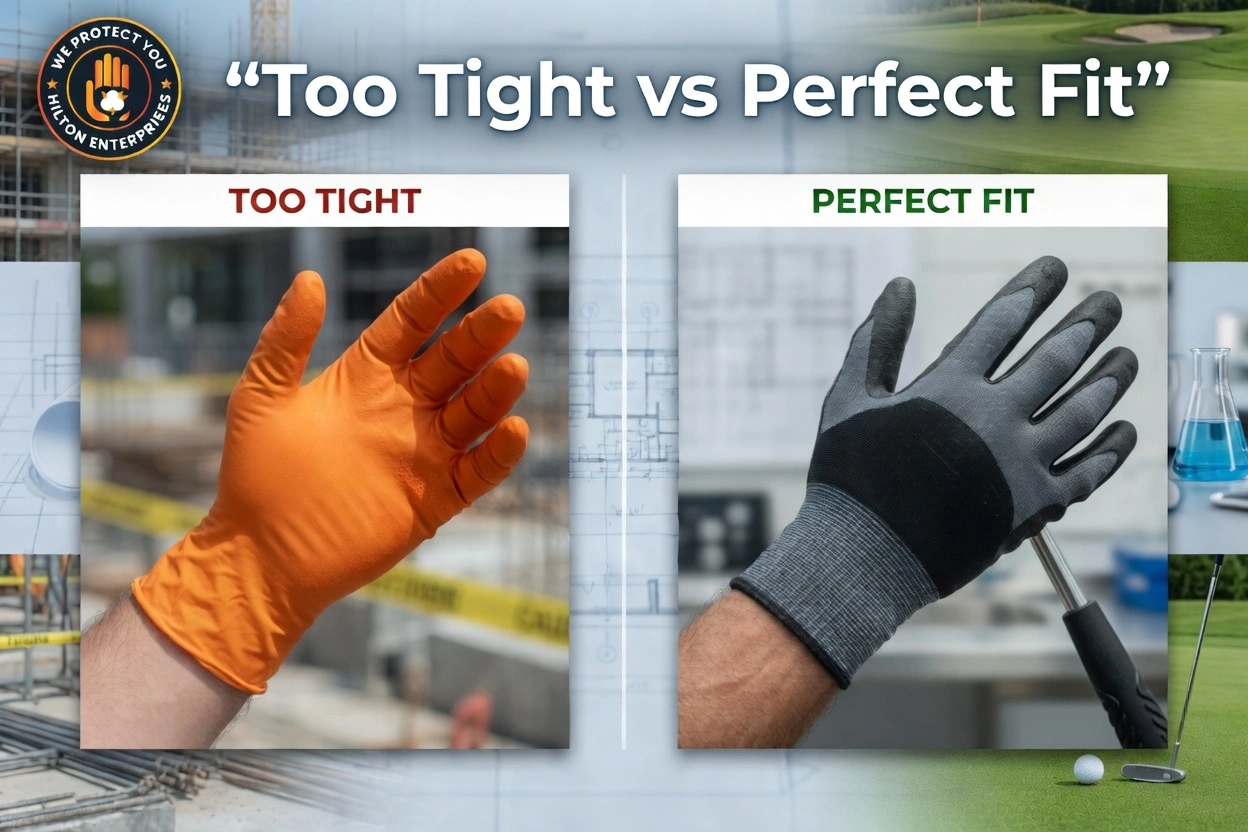 Importance of glove size – comparison of too tight vs perfectly fitted work gloves on hands