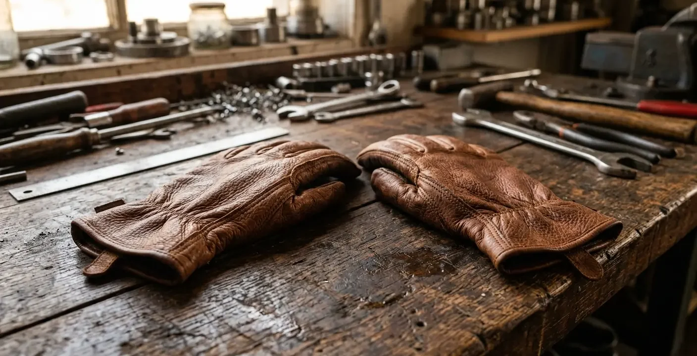 Close-up of brown goatskin leather work gloves on a workbench showing natural grain texture and premium leather quality