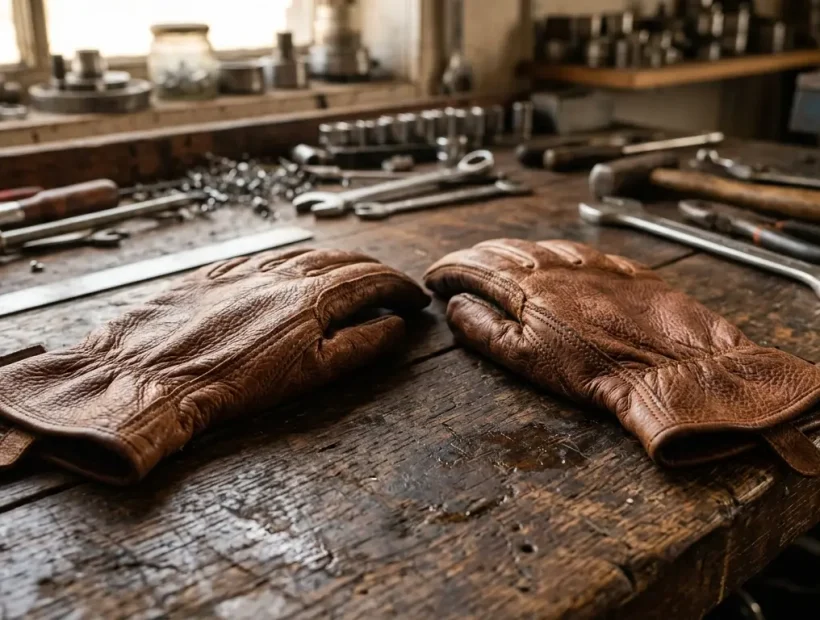 Close-up of brown goatskin leather work gloves on a workbench showing natural grain texture and premium leather quality