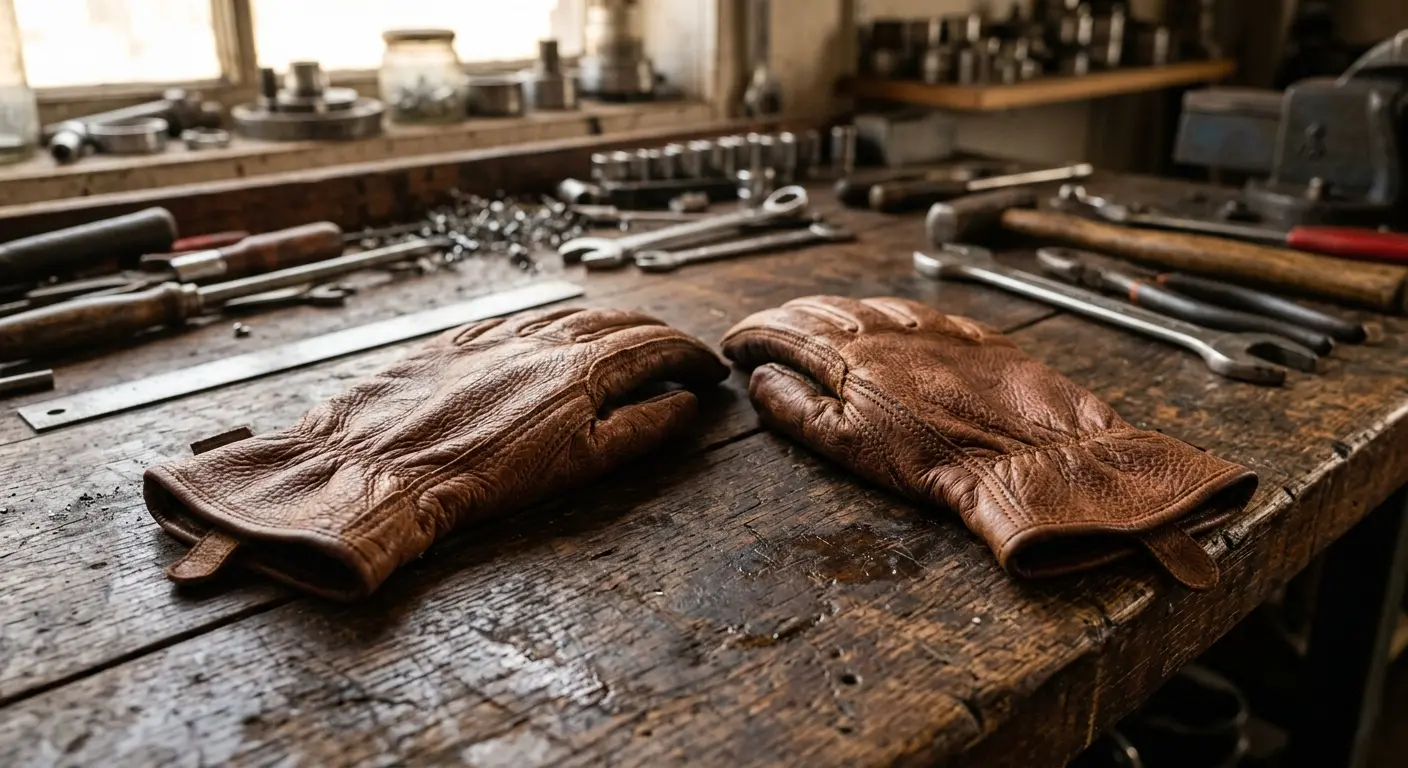Close-up of brown goatskin leather work gloves on a workbench showing natural grain texture and premium leather quality